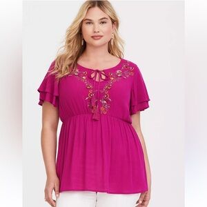Torrid Crepe Embroidered Flutter Sleeve Top Plus Size Magenta